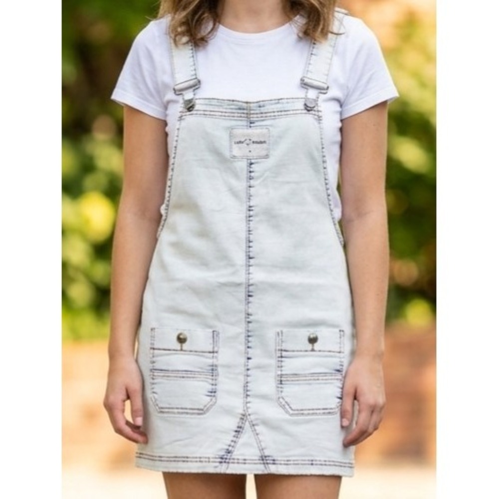 Love Trends Denim Overall Pinafore Dress Women S Blue Wash Stretch Mini Skirt